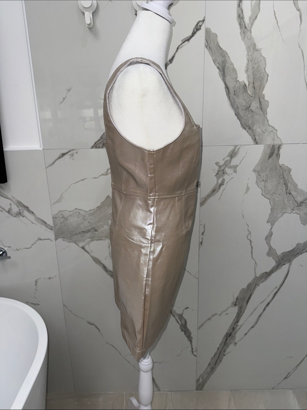 NWT Nasty Gal Metallic Taupe Faux Leather Square-Neck Mini Dress - Picture 6 of 11